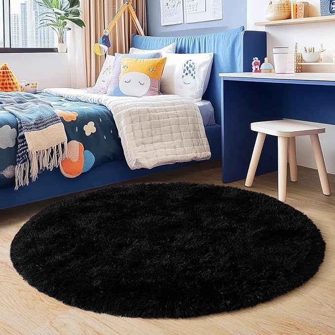 5'x5' Black Round Rug for Bedroom, Ultra Soft Fluffy Circle Rug for Kids Girls - Image 2