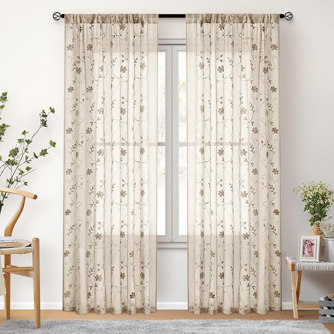 HOMEIDEAS Taupe Sheer Curtains 84 Inches Long 2 Panels Beige Embroidered Floral - Image 7