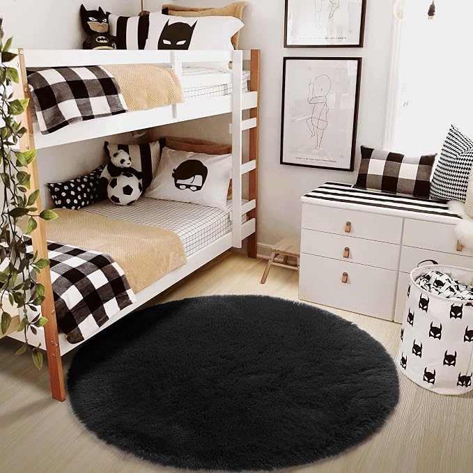 Black Round Rug 7Ft for Bedroom Aesthetic, Fluffy Plush Circle Area Rugs for - Image 7