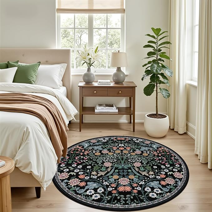 Round Area Rug for Living Room: 4 ft Floral Washable Circle Rug Soft Boho - Image 3