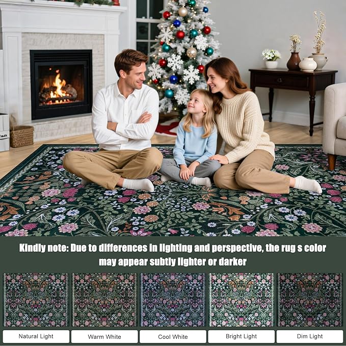 PLHXFR Area Rug Living Room: 5x7 Floral Washable Boho Carpet Dark Green | - Image 9