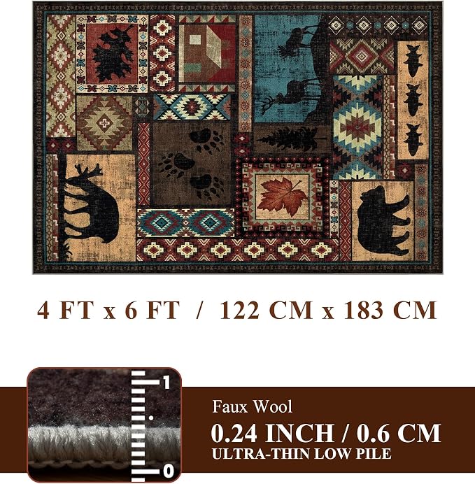 YIHOUSE Rustic Cabin Area Rug 4x6, Machine Washable Lodge Bear Rug, Non-Slip - Image 2