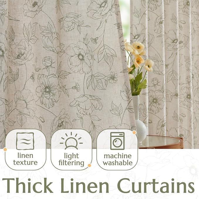 jinchan Floral Linen Curtains for Living Room 63 Inch Length Green Flower - Image 3