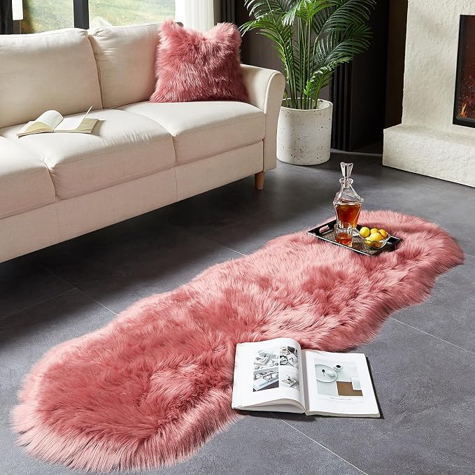 AMTOVO Faux Sheepskin Rug, Blush Pink Ultra Soft Fluffy Shag Area Rug, 2 x 6 ft - Image 5