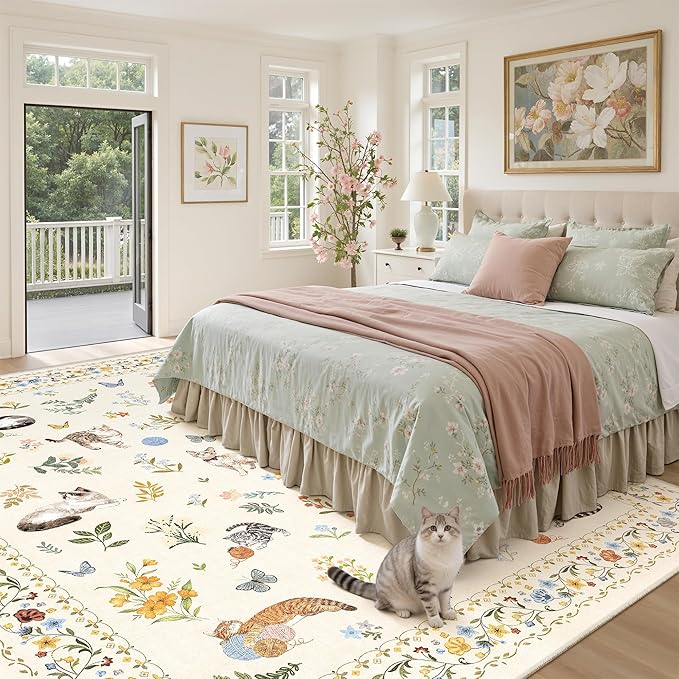 Cat 8x10 Area Rugs for Living Room, Machine Washable Animal Floral Vintage Rug - Image 4