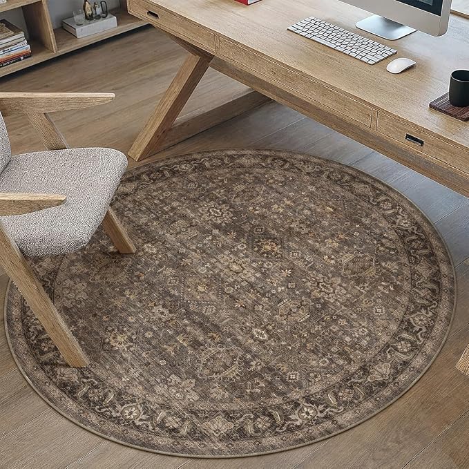 3x3 Washable Round Rug for Entryway Vintage Brown Non Slip Low Pile Carpet - Image 2