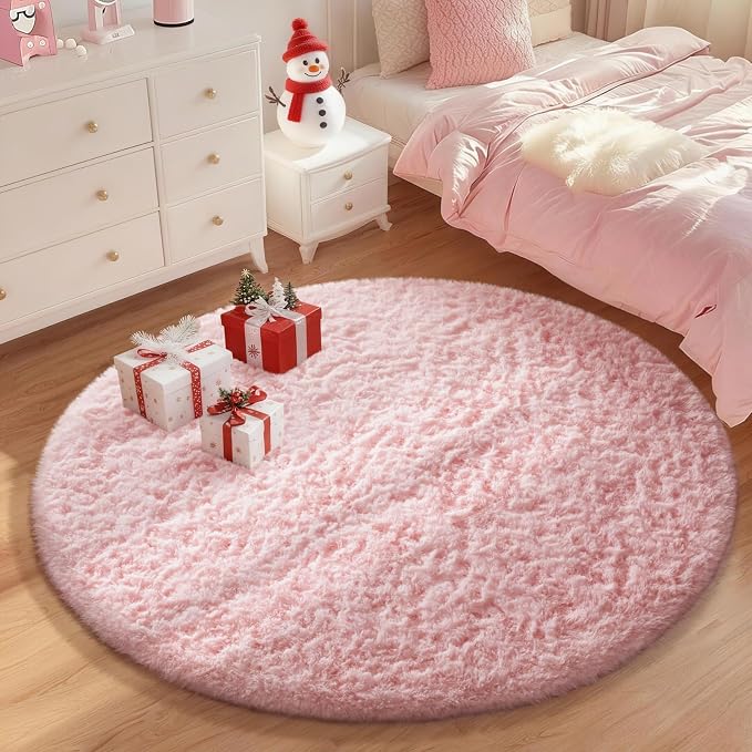 Ophanie Pink Round Rugs 5Ft Circle Area Rug, Cute Fluffy Fuzzy Girls Bedroom - Image 3