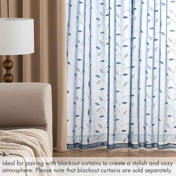 MIULEE Stone Blue Sheer Curtains 2 Panels Embroidered Leaf Patterned Rod Pocket - Image 7