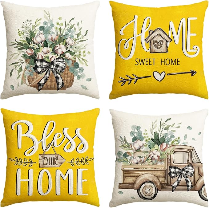 AVOIN colorlife Bless Our Home Farmhouse Eucalyptus Leaves Throw Pillow Covers by AVOINcolorlife