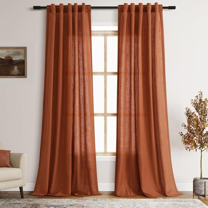 Terracotta Boho Curtains for Bedroom Back Tab Rod Pocket Semi Sheer Linen by Nanspring