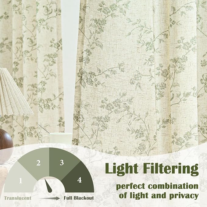 Lazzzy Green Floral Linen Curtains 96 Inch Farmhouse Back Tab Drapes - Image 3