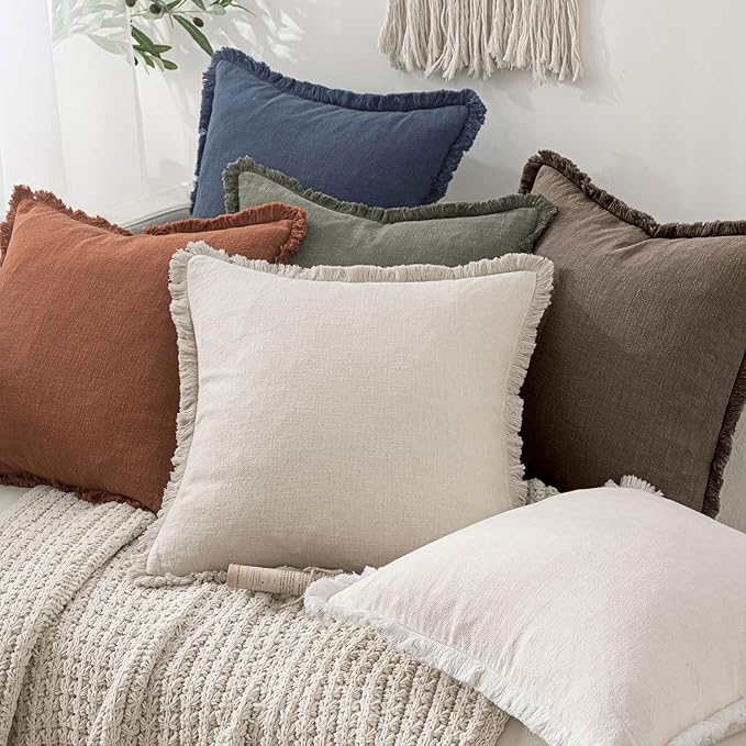 MIULEE Decorative Throw Pillow Covers Neutral Linen Fringe Throw Pillows Set of - Image 6