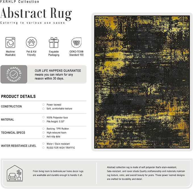 Area Rug Living Room: 3x5 Modern Washable Soft Carpet Black Gold | - Image 2