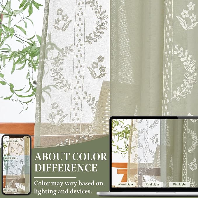 jinchan Belrose Sage Green Floral Sheer Curtains - Image 8