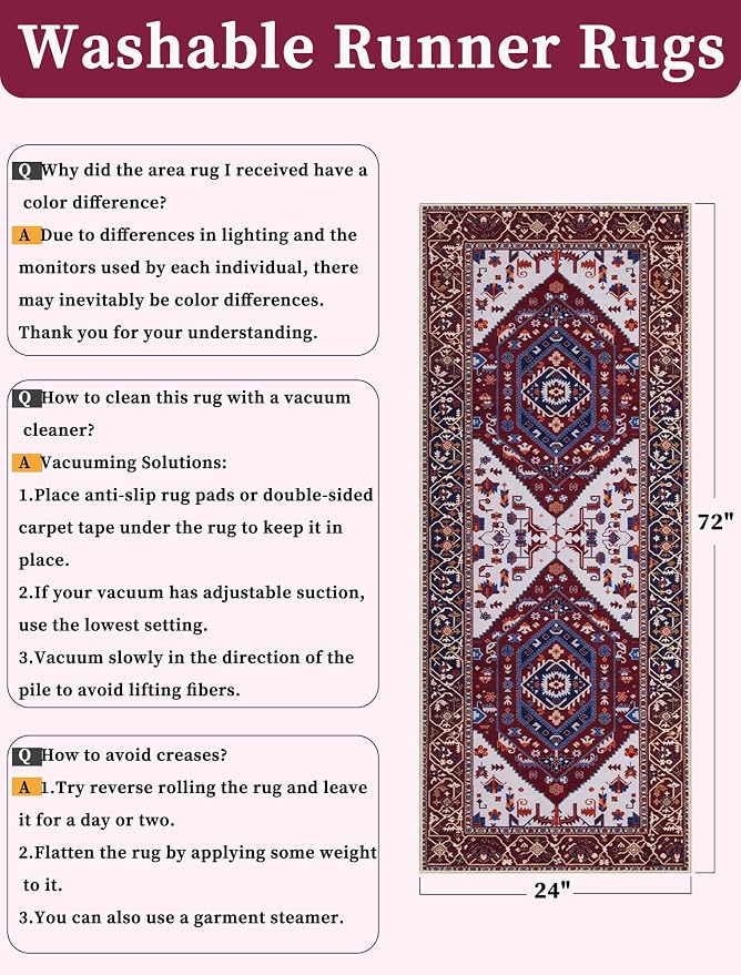 SERISSA Boho Washable Runner Rug, 2x6 Rug Runner Non-Slip Vintage Burgundy Navy - Image 6