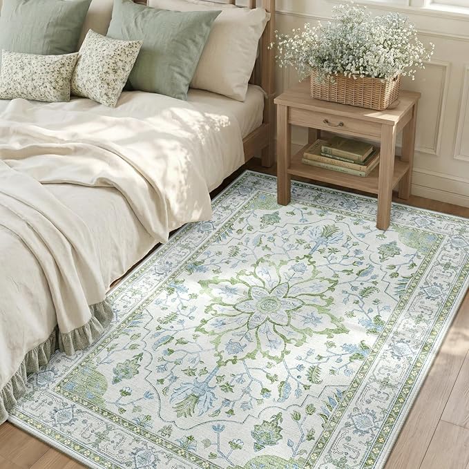 RELEANY Area Rugs 3'x5' Washable Non-Slip, Floral Vintage Distress Print by RELEANY