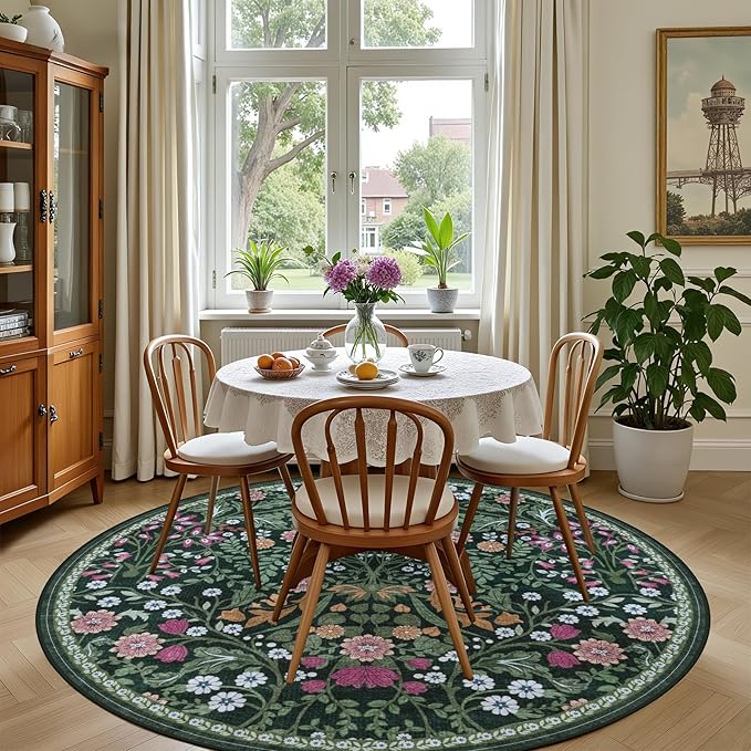 Round Area Rug for Living Room: 4 ft Floral Washable Circle Rug Soft Boho - Image 4