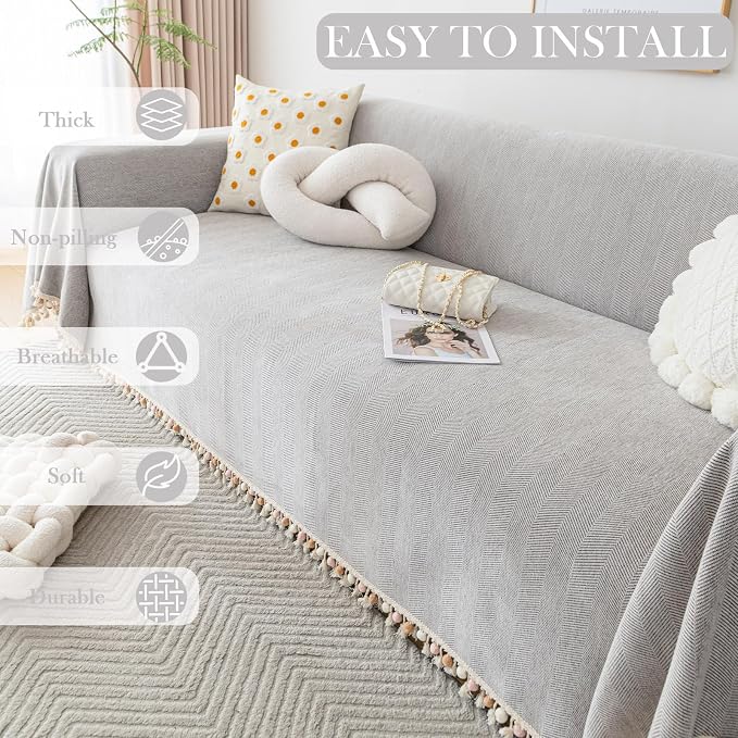 HANDONTIME Grey Sofa Cover for Couch Boho Couch Cover for 3 Seat Dog Couch - Image 8