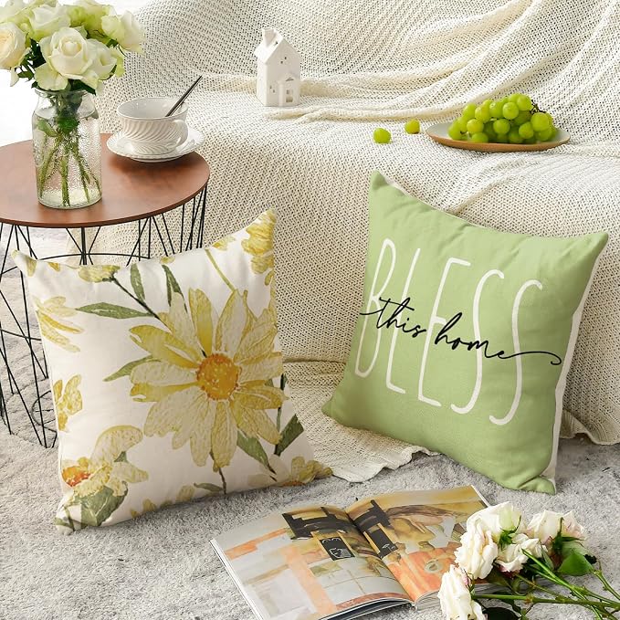 AVOIN colorlife Home Sweet Home Spring Summer Flowers Green Throw Pillow Covers - Image 4
