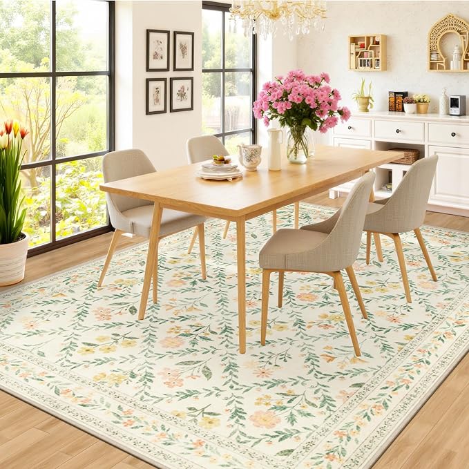 Area Rugs 9x12 Living Room: Floral Washable Rug Vintage Large Soft Boho - Image 4