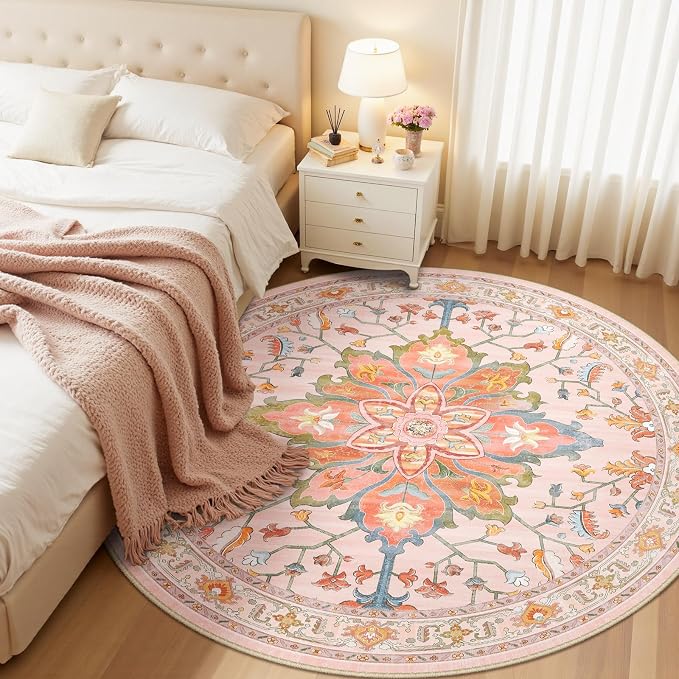 Area Rugs 6ft Washable Non-Slip, Floral Vintage Distress Print Pattern by RELEANY