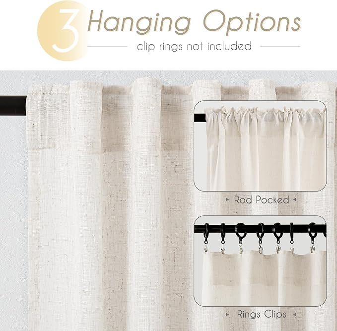Cream Natural Linen Curtains 86 inch Length 2 Panels Set Neutral Rustic - Image 2