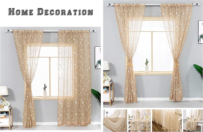 AmHoo 2 Panels Embroidered Leaf Pattern Semi Sheer Curtains Foliage Floral - Image 4