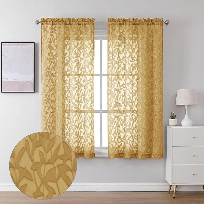 Lecloud Leia Dark Gold Sheer Curtains 63 Inch Length 2 Panels, Light Filtering by Lecloud