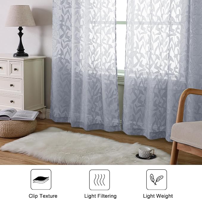 Lecloud Leia Light Grey Sheer Curtains 90 Inches Long 2 Panels, Texture Patio - Image 6