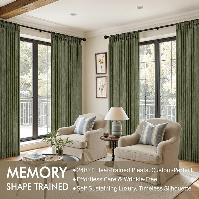 MIULEE Olive Green Pinch Pleated Thick Linen Curtains 108 Inches Long 2 Panels - Image 2