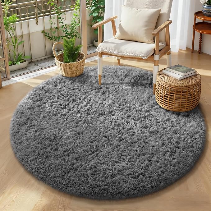 Ophanie Round Rug 4Ft Grey Circle Area Rugs, Fluffy Fuzzy Small Bedroom Carpet by Ophanie