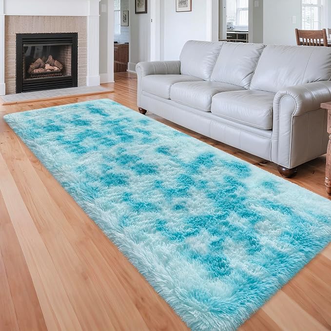 Tie-Dyed Sky Blue 3x10 Machine Washable Runner Rugs - Image 3