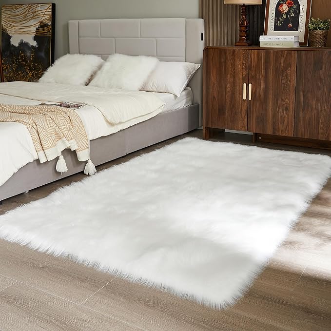 AMTOVO Faux Fur Sheepskin Rug for Living Room, 4 x 6 ft White Fluffy Area Rug - Image 5