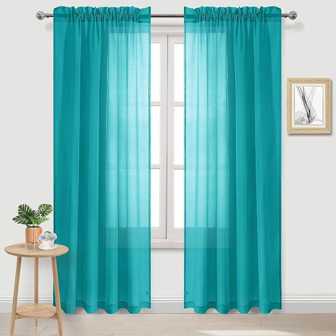 DWCN Turquoise Sheer Curtains Semi Transparent Voile Rod Pocket Curtains - Image 2