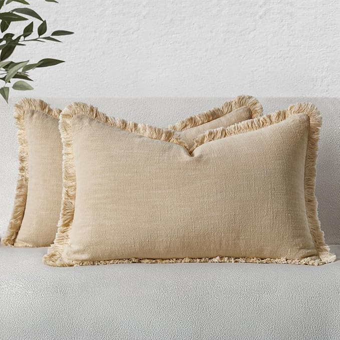 MIULEE Decorative Lumbar Throw Pillow Covers Neutral Linen Fringe Throw Pillows by MIULEE