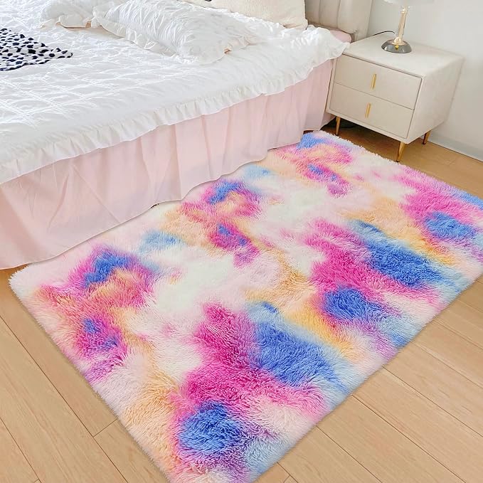 Small Fluffy Colorful Rug for Bedroom Girls 3x5 Kawaii Rainbow Tie Dye Area Rug - Image 2