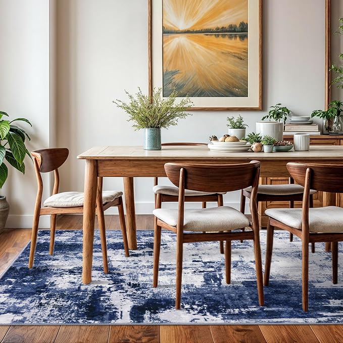 KOZYFLY Modern Abstract Area Rugs 5x7 Navy Blue Machine Washable Thin Rug - Image 2