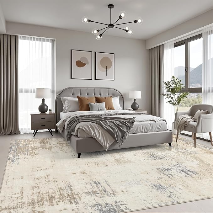 10x14 Area Rug Living Room: Modern Washable Soft Carpet Beige Brown | - Image 3