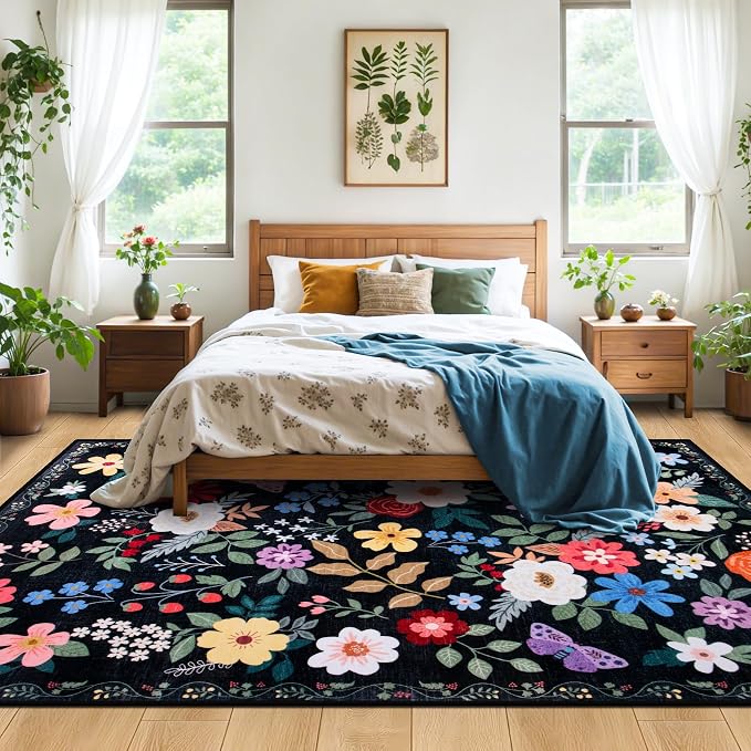 PLHXFR Area Rug 10x14 Living Room: Floral Washable Boho Soft Carpet Black | - Image 3