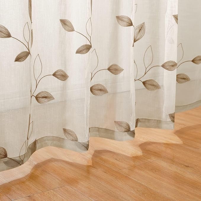 HOMEIDEAS Taupe Sheer Curtains 52 X 96 Inches Long 2 Panels Beige Embroidered - Image 3
