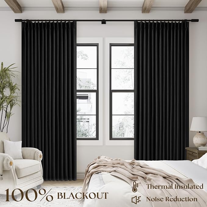 Black Pinch Pleated 100% Blackout Linen Bedroom Curtains 96 Inch Length | - Image 3