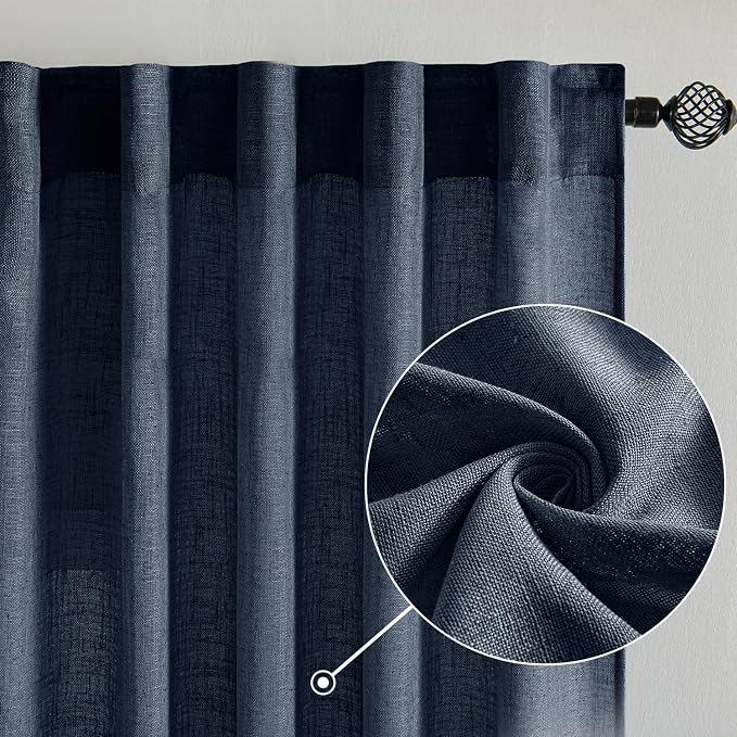 MIULEE Navy Blue Linen Curtains 108 Inch Length 2 Panels - Image 2