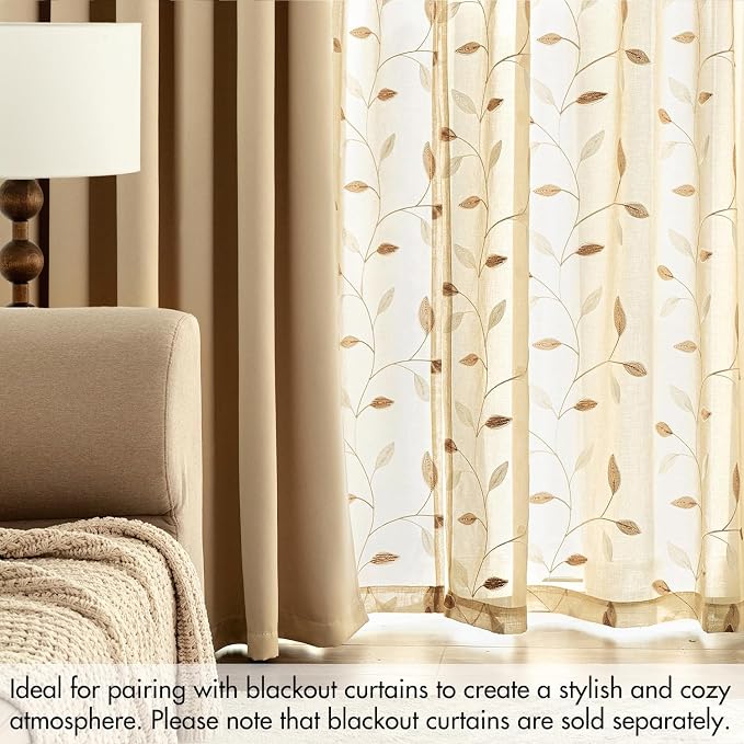 MIULEE Beige Sheer Curtains 2 Panels Embroidered Leaf Patterned Rod Pocket - Image 7