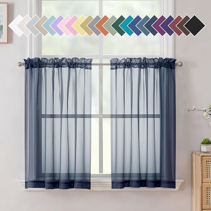 Aiyufneg Navy Blue Sheer Curtains 36 inches Long, Short Kitchen Window by Aiyufeng