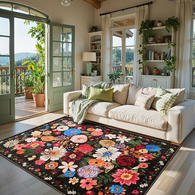 Floral Washable 6x9 Area Rugs, Soft Black/Brown Bedroom Rug - Image 3