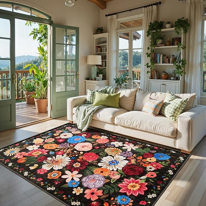 Black Brown Floral Area Rug 6x9 - Image 3