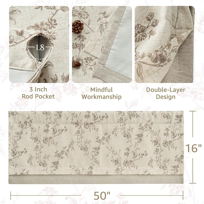 jinchan Linen Kitchen Valance for Windows 16 Inch Floral Double Layer Valance - Image 5