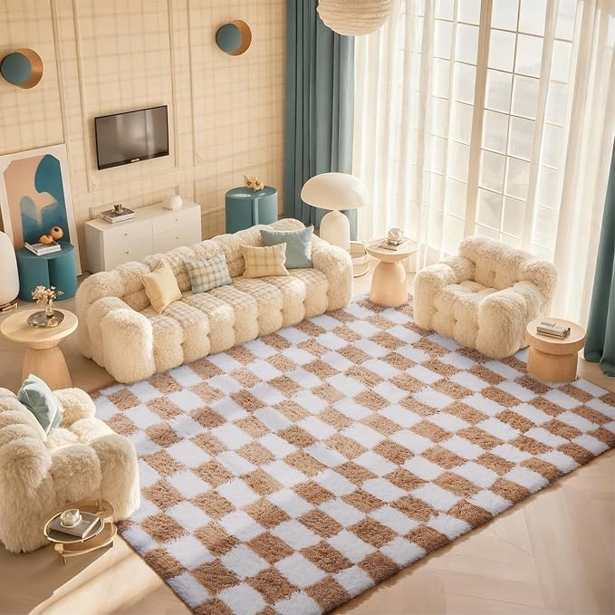Ophanie Checkered Beige & White Rug - Image 5
