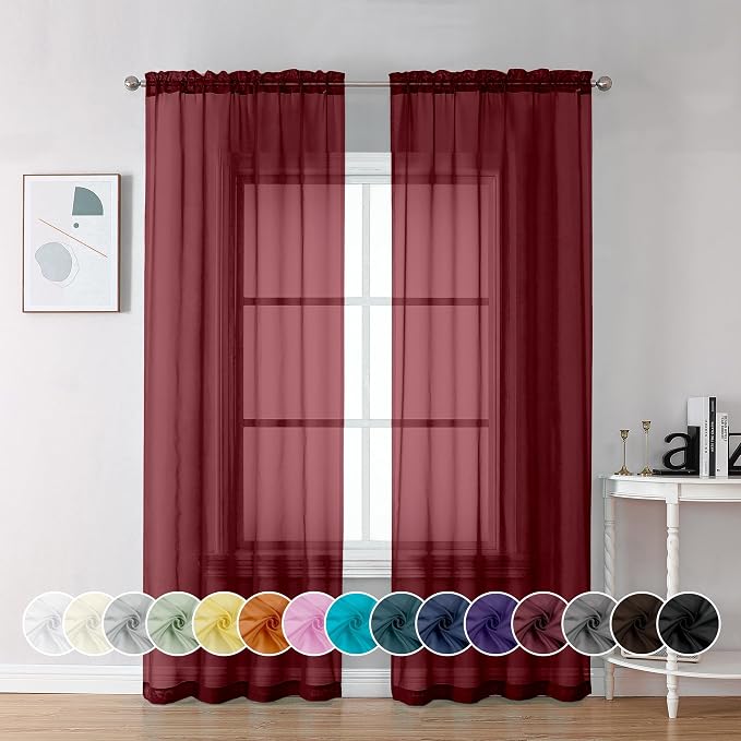 Chyhomenyc Burgundy Sheer Curtains 84 Inches Long 2 Panels, Light Filtering by Chyhomenyc