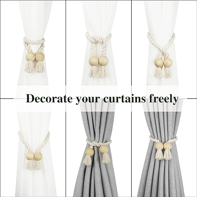 4 Pack Magnetic Curtain Tiebacks Cotton Hand Woven Tie Back Decorative Rope - Image 5